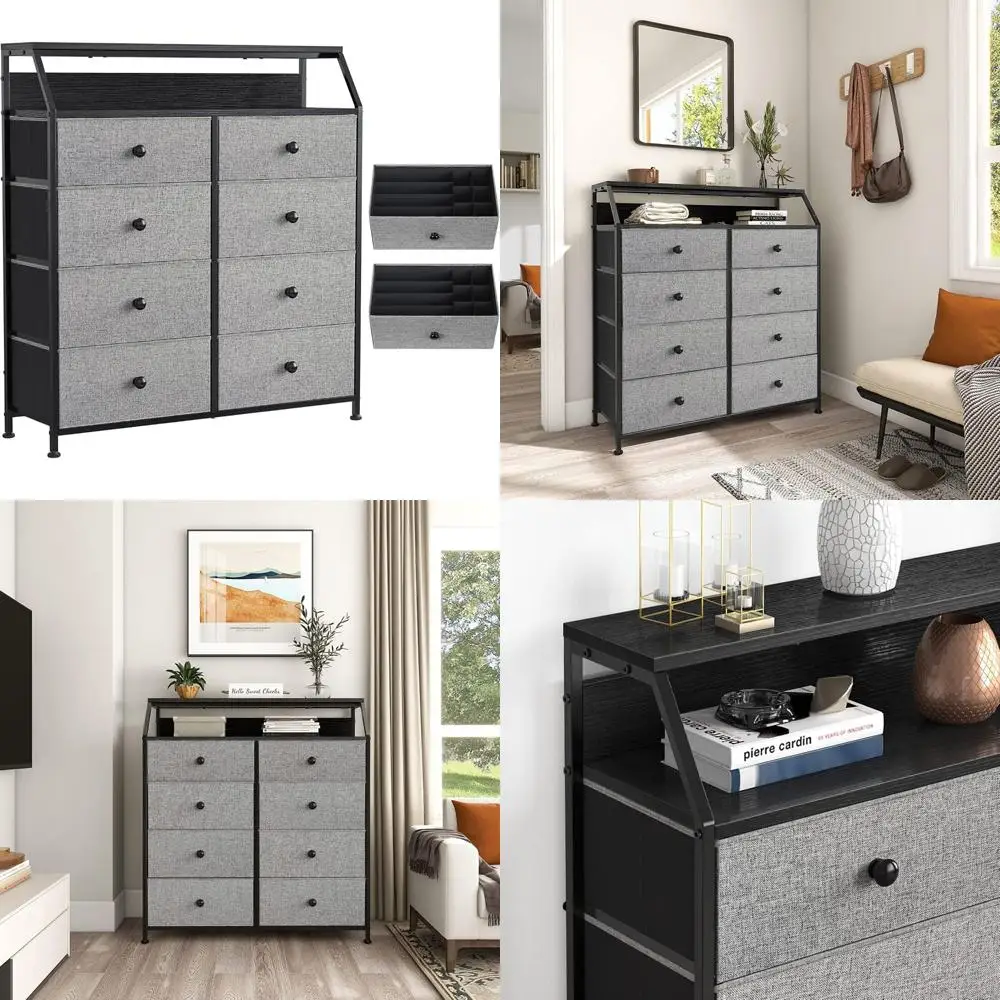 

8-Drawer Steel Frame Wooden Top Storage Organizer Dresser for Closets, Living Rooms, and Entryways with 2 Extra Drawers