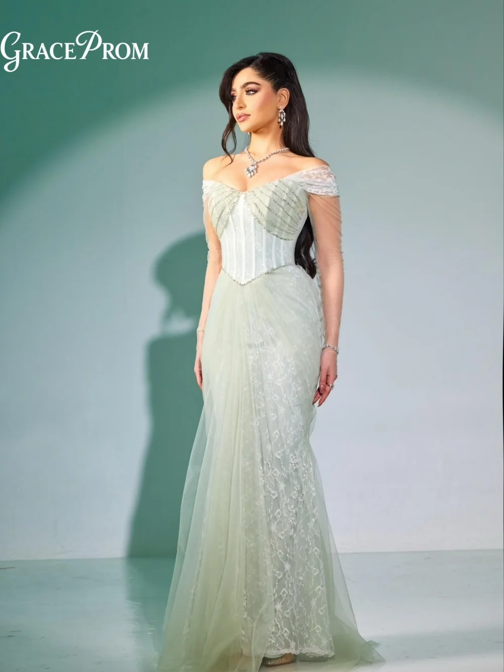 

Stunning Mint Green Off Shoulder Corset Bodice Floral Lace Applique Evening Gown Party Dress For Wedding Guests فساتين سهرة