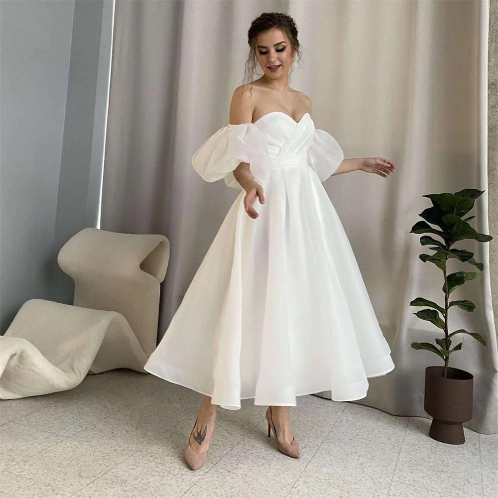 Elegant Tea Length Evening Dresses Lady Short Party Dress A-Line Evening Gown Puff Sleeves Cocktail Dresses Vestidos De Noche