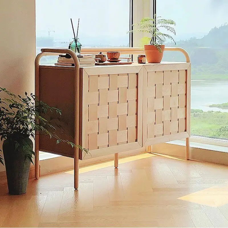 Solid wood braided rattan locker, log color side cabinet