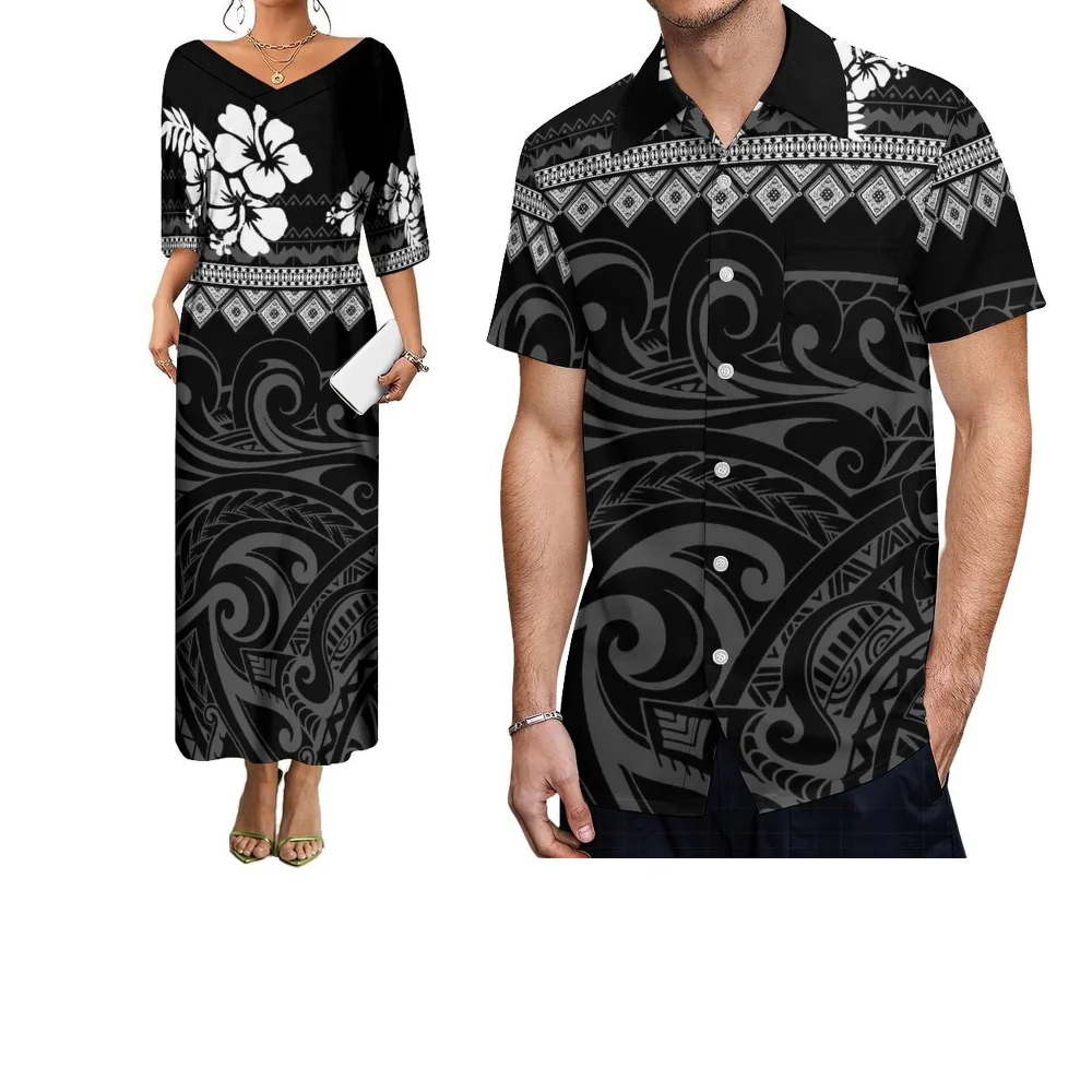 ملابس زوجين صيفية منعشة بأكمام قصيرة، قمصان رجالية بولينيزية بطبعات زهور، فساتين برقبة على شكل حرف V مصنوعة خصيصًا للنساء