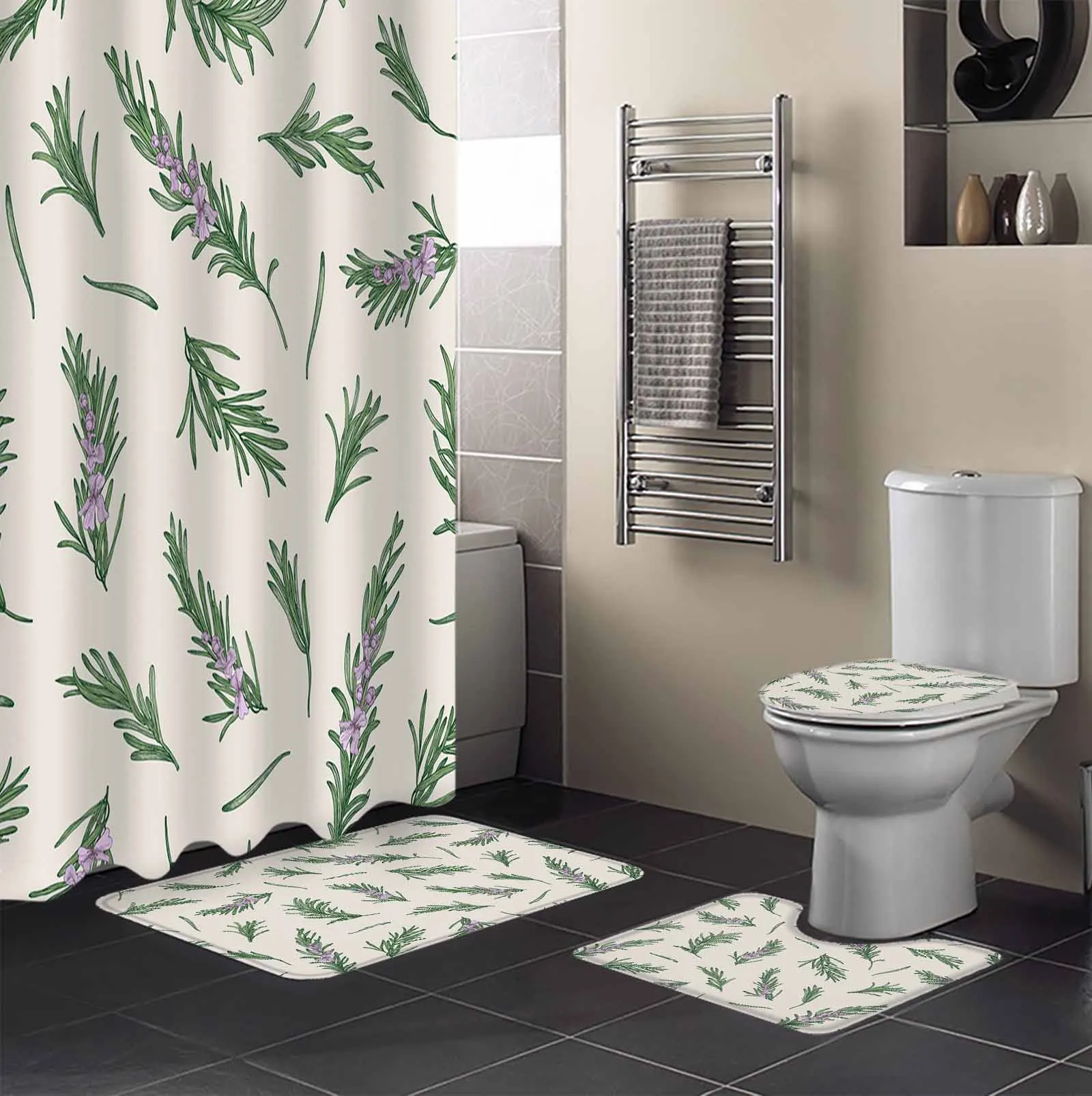 Rosemary Texture Shower Curtain Set Non-Slip Rugs Bath Mat Toilet Lid Cover Waterproof Bathroom Curtain