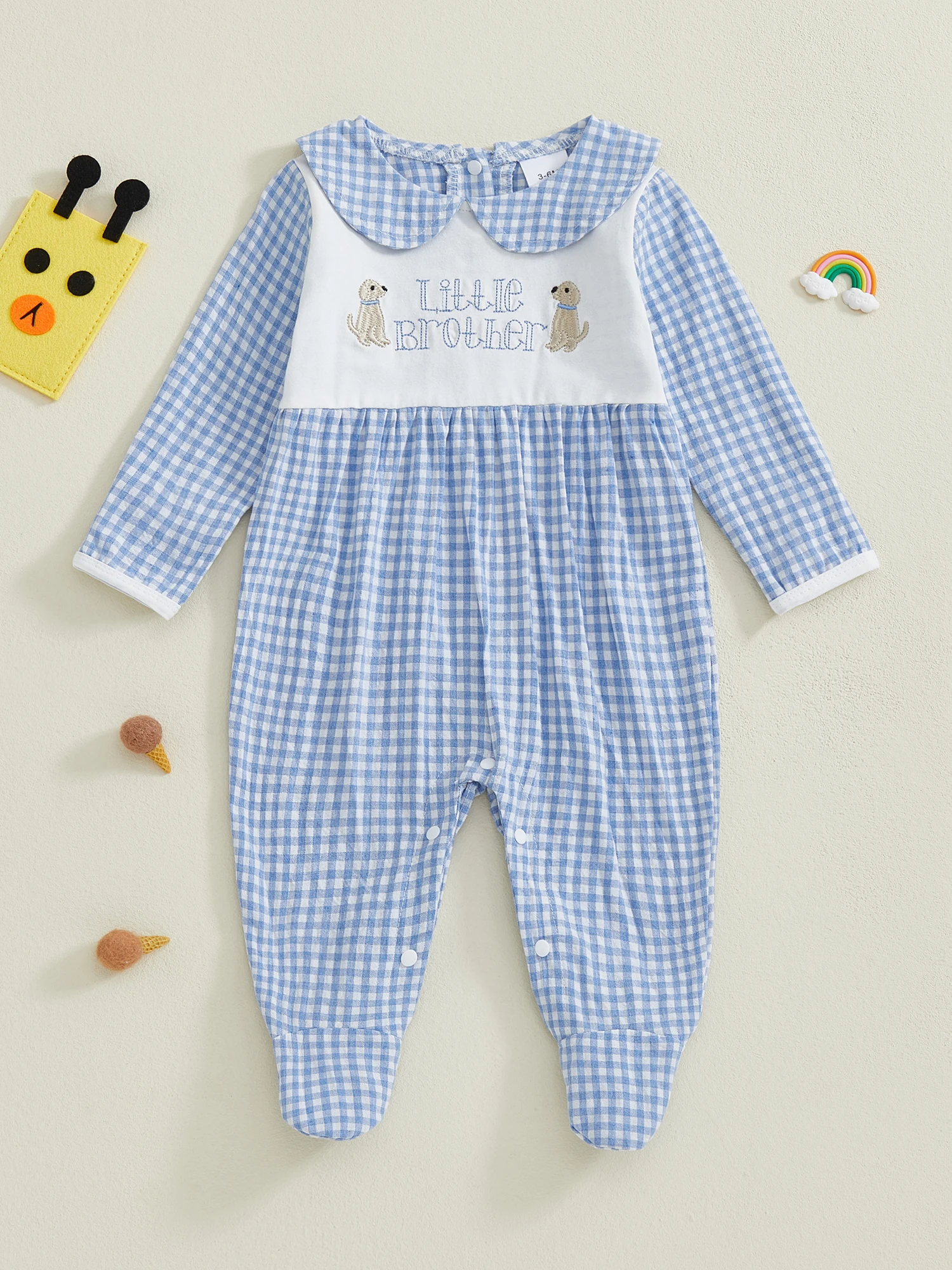 

Infant Boys Fall Checkered Overalls with Long Sleeves Peter Pan Collar and Cute Puppy Embroidery Letter Detail Romper