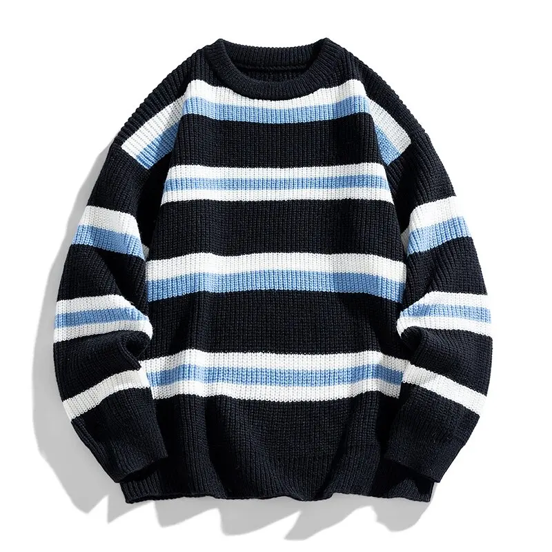 Autumn/Winter 2024 New Fashion Trend Thickened Warm Striped Knitwear Men's Casual Loose Large Size High Quality Sweater M-3XL