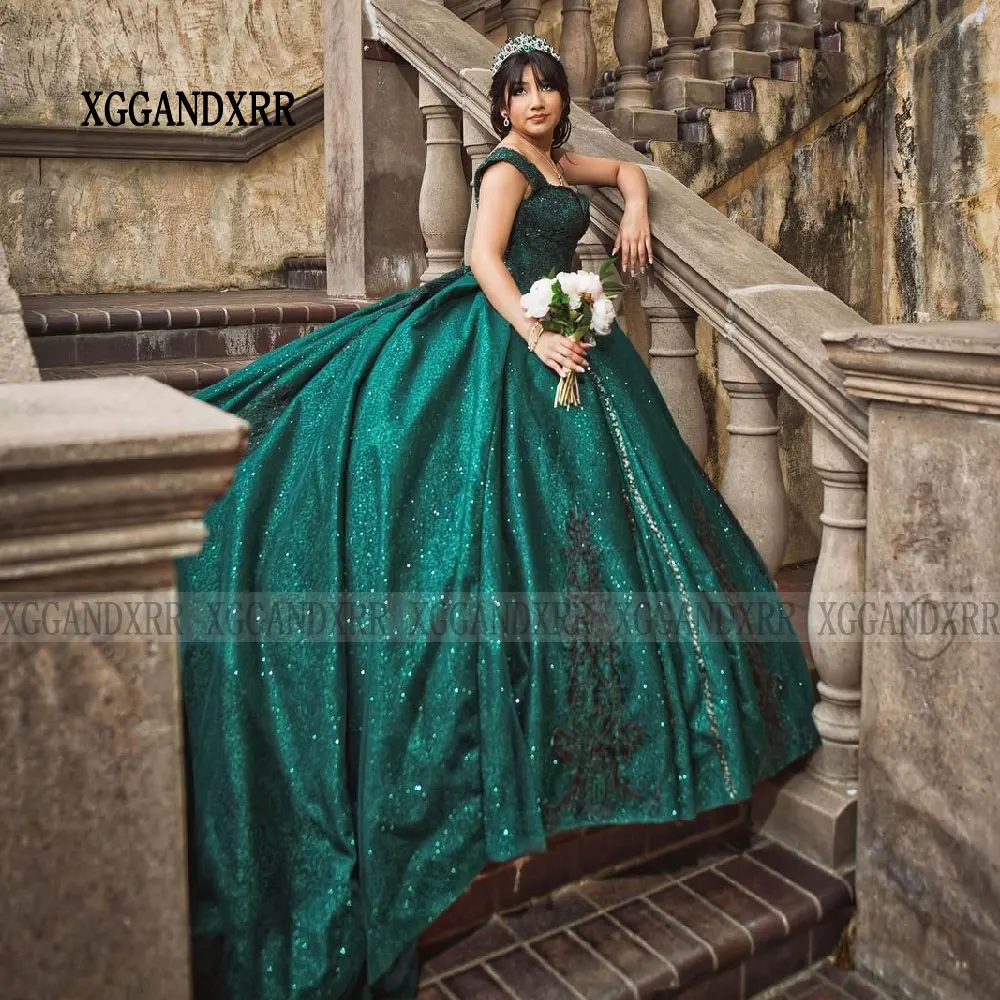 Vestido de lantejoulas quinceanera, florais de renda mexicana, doce vestido de festa, verde, tamanho grande, moda, 2024