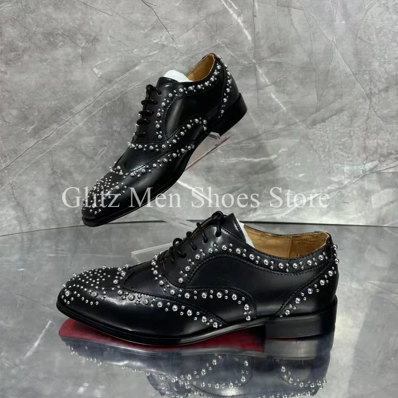 

Rivet New Black Leather Shoes Lace-up Small Square Toe Loafers Business Dress Men's Leather Shoes Formal Wedding Banquet Shoes