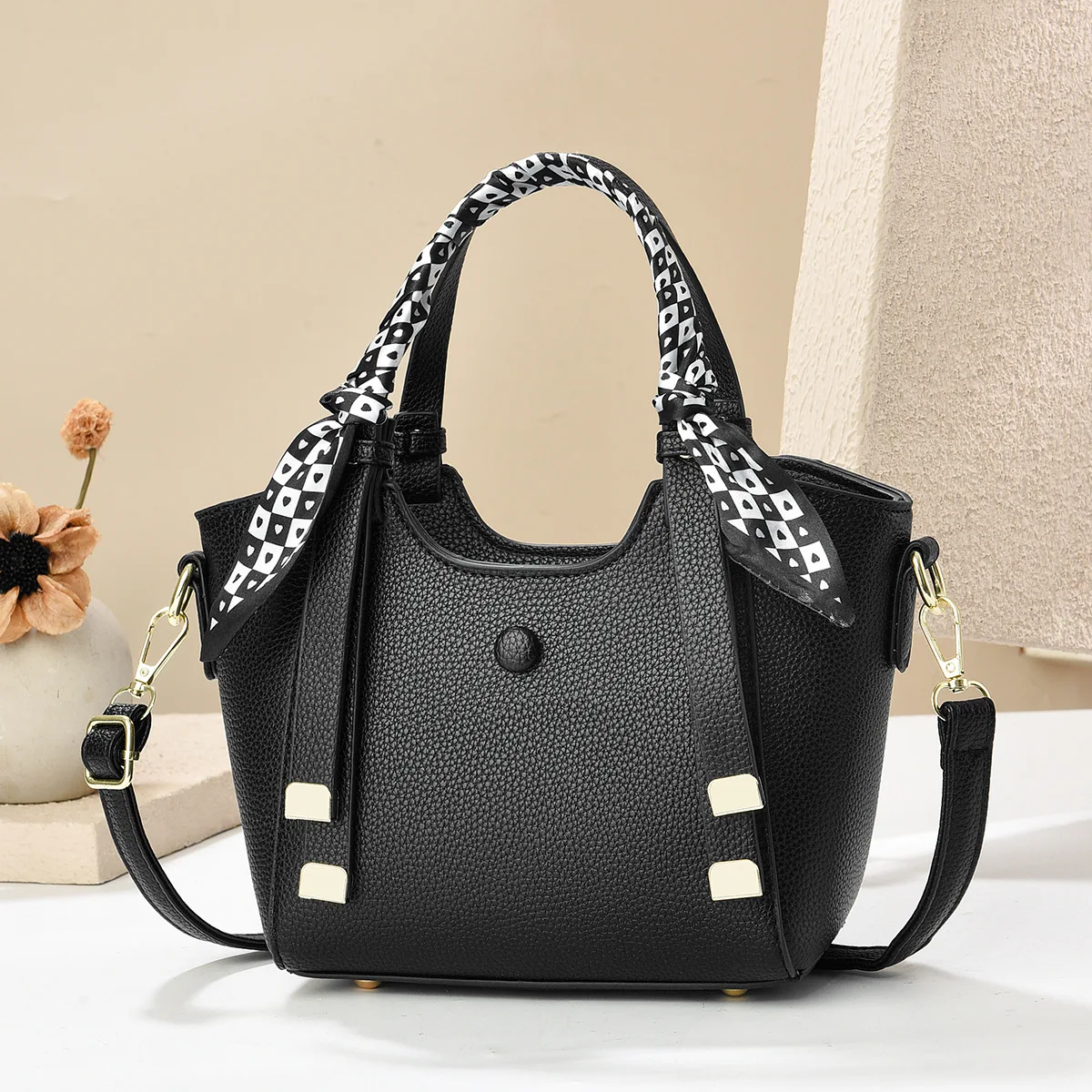 

Women Handbag With Silk Scarf Covering Handle Large Capacity Basket Bucket Bag Lady Trendy Elegant Single Shoulder Crossbody Bag