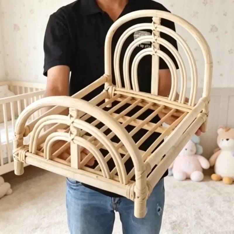 Wooden Rattan Weaving Baby Crib Basket Vintage Style Newborn Photo Prop Furniture Supplies For Studio Daily Photography Shooting