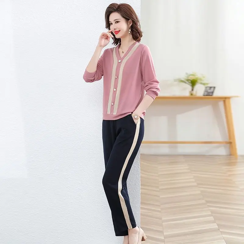 V-collar Single Breasted Spliced Tops Fashion Casual Sports Women's Spring Autumn 2024 New Two-piece Wide-leg Pants Suit T596