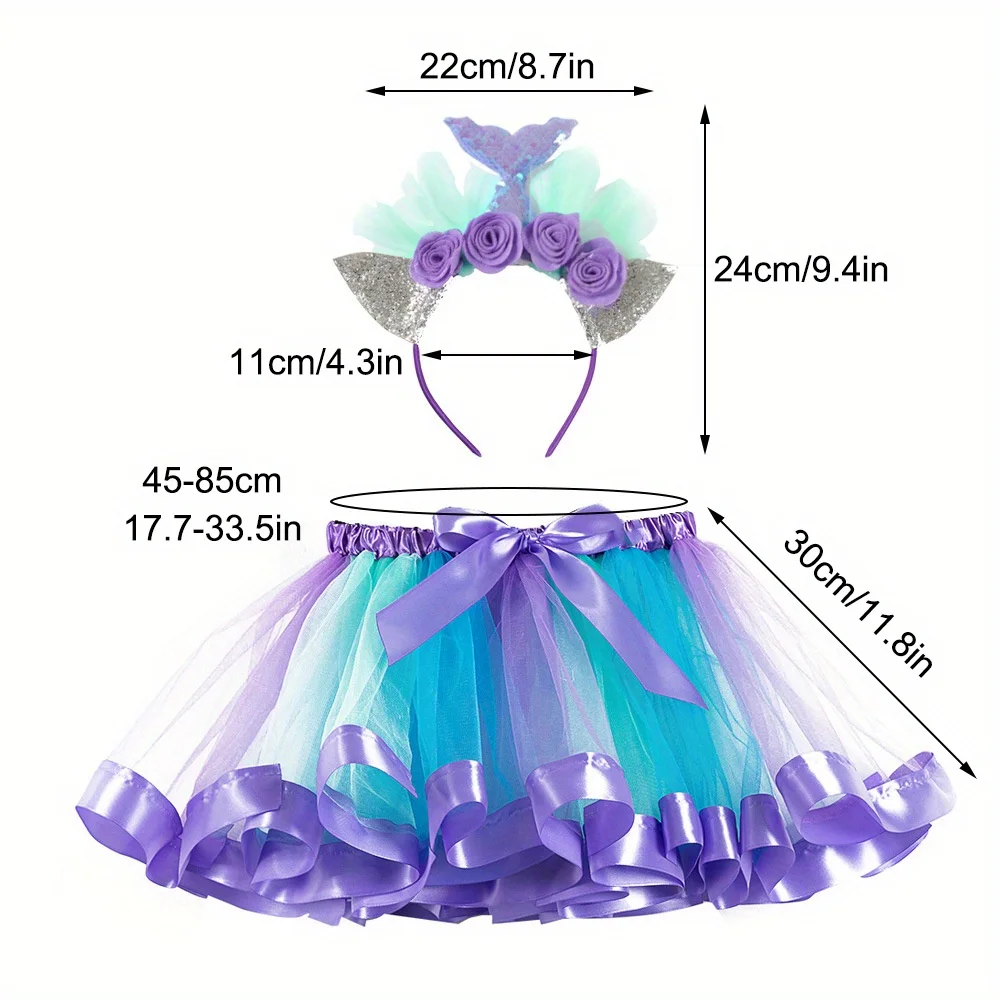 Girls' Mermaid Hairdband Mesh Tutu Skirt 2-Piece Set Skirt Length 30cm with Lining Suitable for Dance Recitals Parties view 2