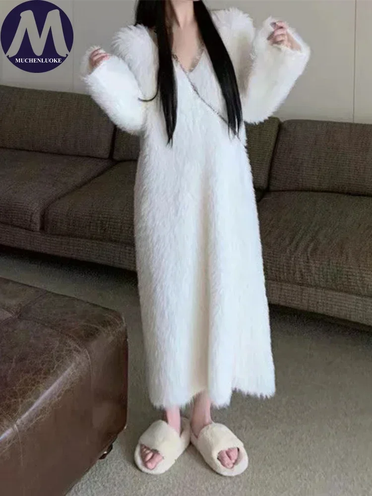 

Elegant and Pretty Women's Imitation Mink Velvet Knitted V Neck Long Dress Loose Fluff Dresses Autumn and Winter Fashion New