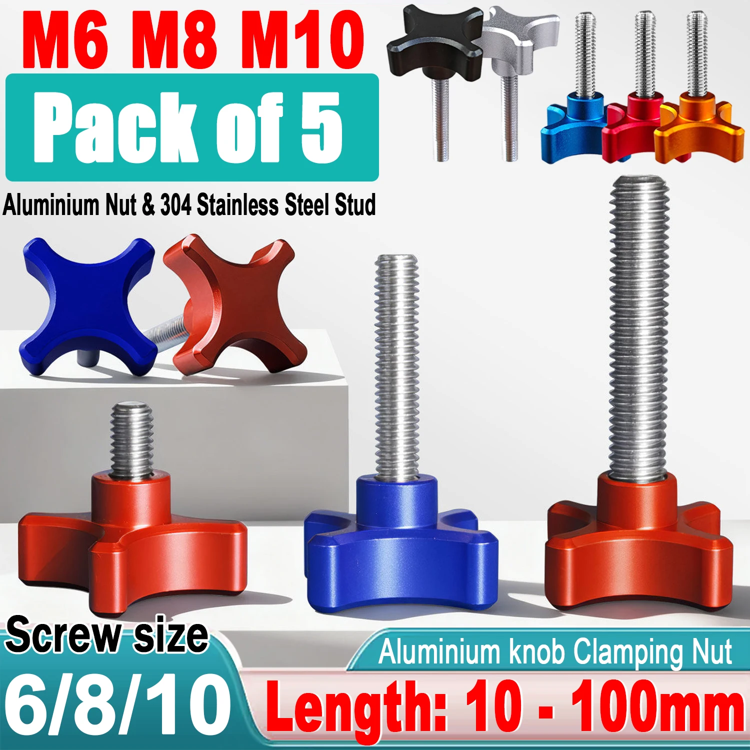 M6 M8 M10 M12 Stainless Steel Hand Knob Screws Bolt Aluminium Star Shape Head Thread Clamping Thumb Handle Machine Screw Bolts