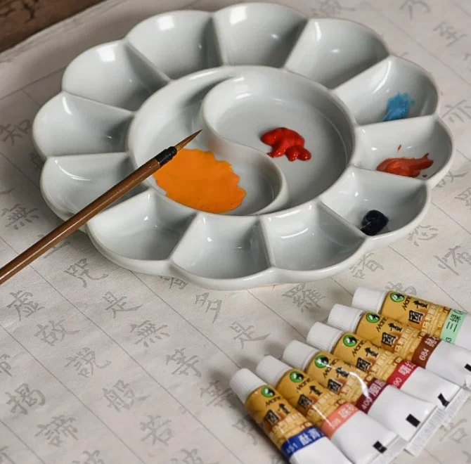 Handmade Celadon Palette Plum Blossom-shaped Watercolor Paint Tray Jingdezhen Ru Kiln High-quality Ceramic Plate and Pen Holder