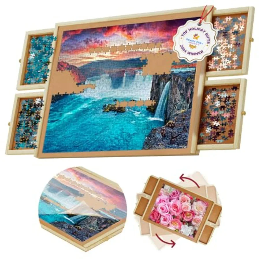 

Rotating puzzle board for home use, wooden, natural wood color, 1000-piece capacity with 4 drawers and cover, portable design