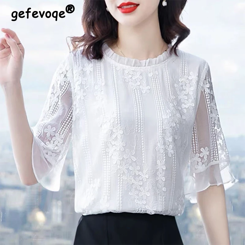 Summer Elegant Fashion Ruffles Round Neck Lace Shirt Female Half Sleeve Loose Casual All-match Hollow Out Top Women White Blouse