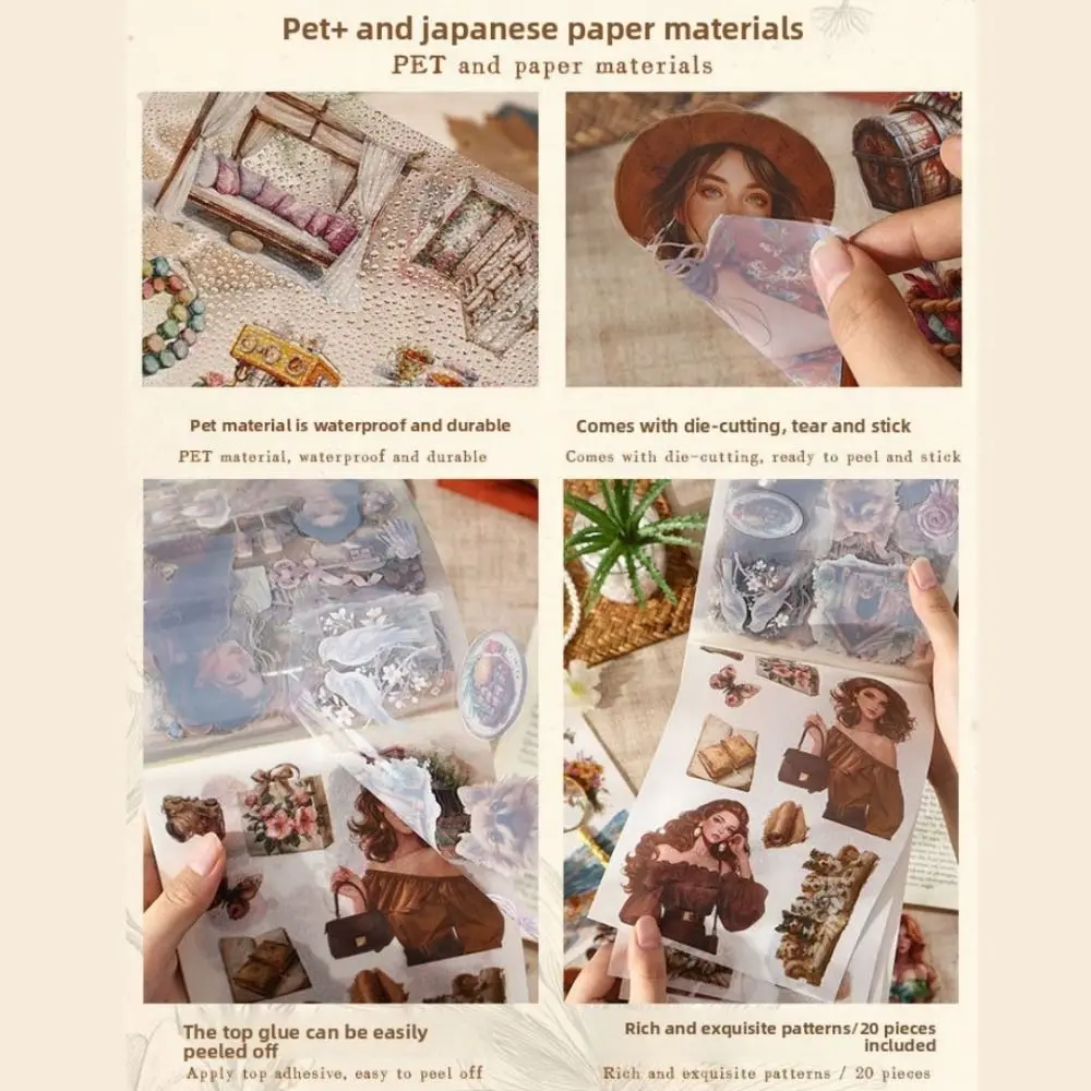 

Новые наклейки в стиле ретро для карманных блокнотов, элегантные стикеры для девочек, альбомные наклейки из ПЭТ, вырезанные по контуру, 20 листов, наклейки для скрапбукинга, подарки на день рождения