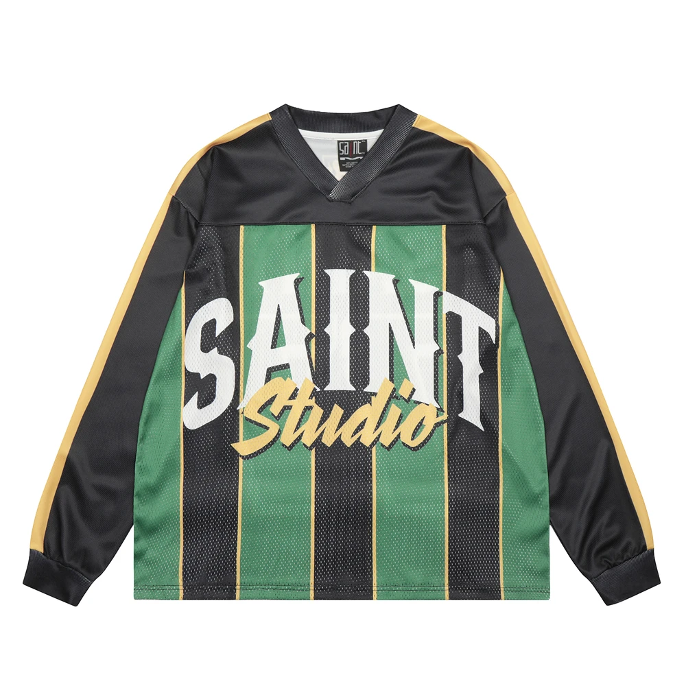 

Mesh SAINT Long Sleeves Black Green Vertical Stripes T-shirt Men Women Tops Tee T Shirt