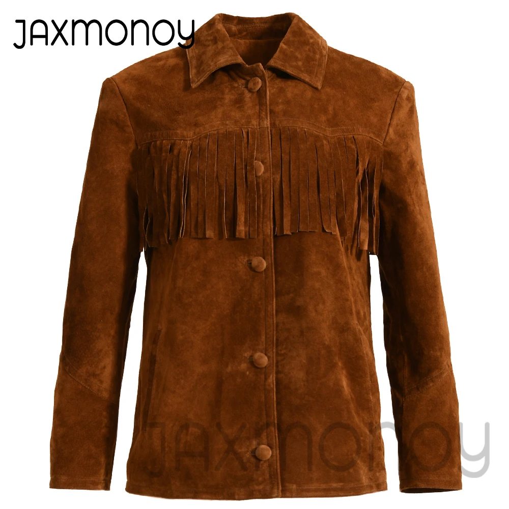 Jaxmonoy-Veste en cuir suédé véritable pour femme avec glands marron, manteau vintage pour femme, streetwear à la mode, printemps et automne