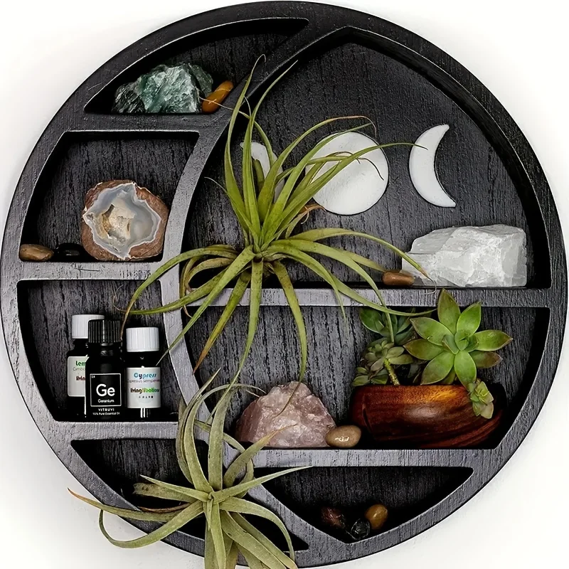 

30cm Wooden Moon Shelf Storage Rack For Crystals Stone Essential Oil Small Plant Gothic Witchy Art Wall Room Hanging Shelves