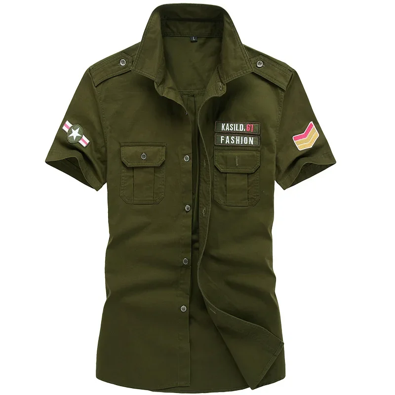 Chemise Militaire à Manches Courtes pour Homme, Vêtement d'Été, Couleur Unie, Haute Qualité, 2023 Coton, Poche, Grande Taille 5XL, 100%