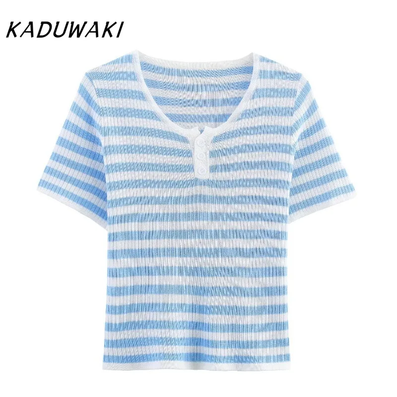 

KADUWAKI корейская летняя женская одежда, топы с v-образным вырезом, модные простые короткие вязаные футболки в сине-белую полоску с короткими рукавами