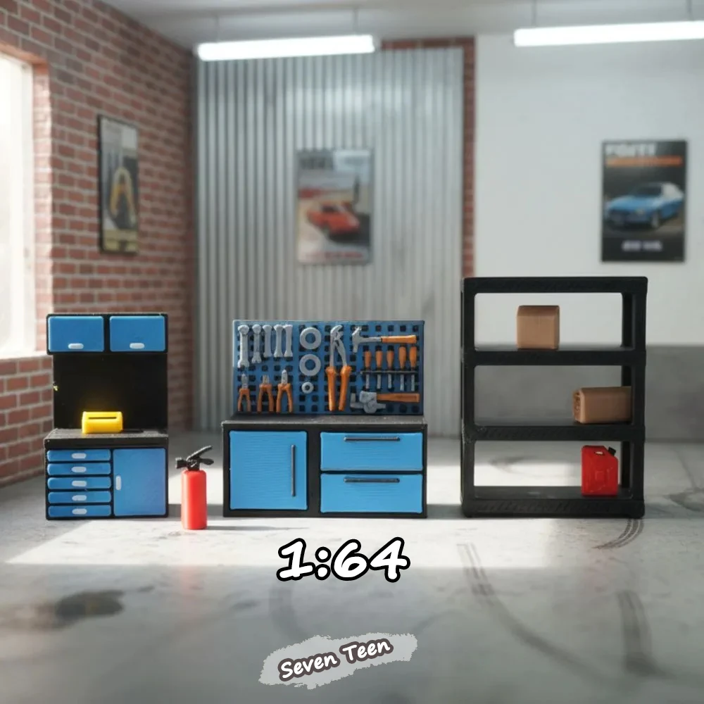 1:64 Miniature Repair Shop Workbench Storage Scene Set Diorama Garage Tool Cabinet Shelf Car Model Display Collection Gift