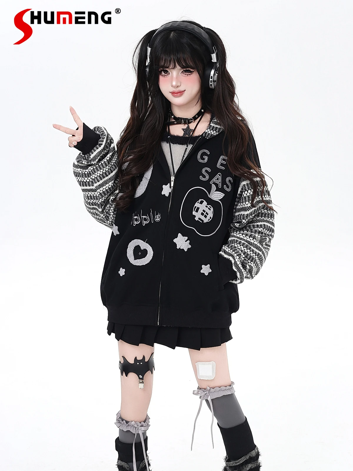 

American Streetwear Sweet Cool Striped Patchwork Embroidered Loose Versatile Casual Hooded Sweatshirts Jackets Women Autumn 2025