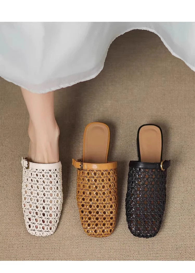 Modische, atmungsaktive, ausgehöhlte Baotou-Slipper für Damen – Neue, lässige Mesh-Halbschuhe mit eckiger Zehenpartie und einem Riemen – Detail 17