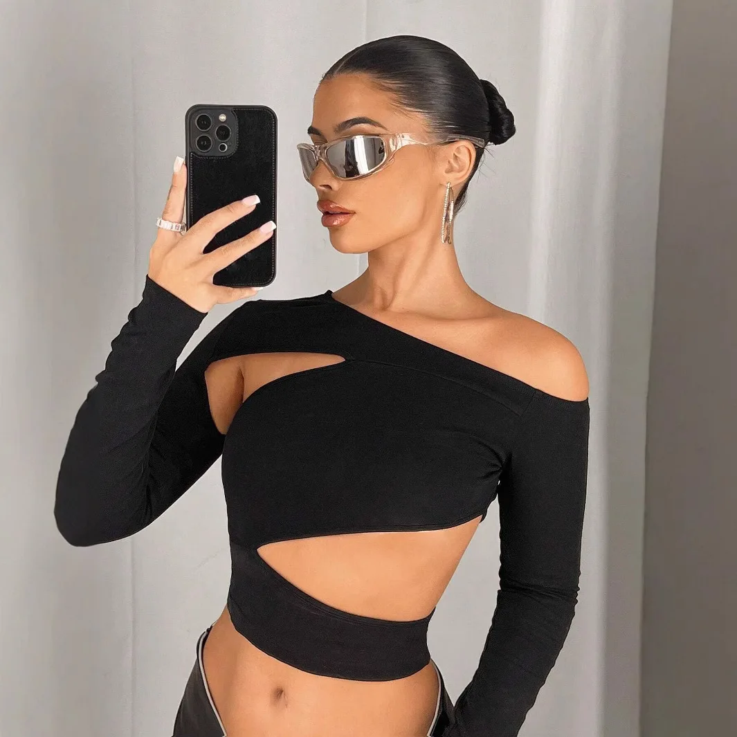 

Необычная футболка Long Sve с асимметричным асимметричным нейлоновым оulder с колючками Y2K Sle, зимний вязаный женский топ Faion