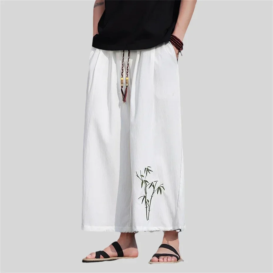 

Bamboo Embroidery Casual Pants Men Chinese Style Vintage Straight Wide Leg Pant Spring Summer Solid Color Loose Trousers Men