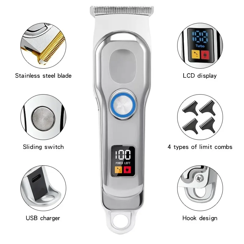 Smart LED Display Hair Trimmer Professional Salon Mini Oil Head Clipper Automatic Sharpening Precision Steel Blade Carving Hair
