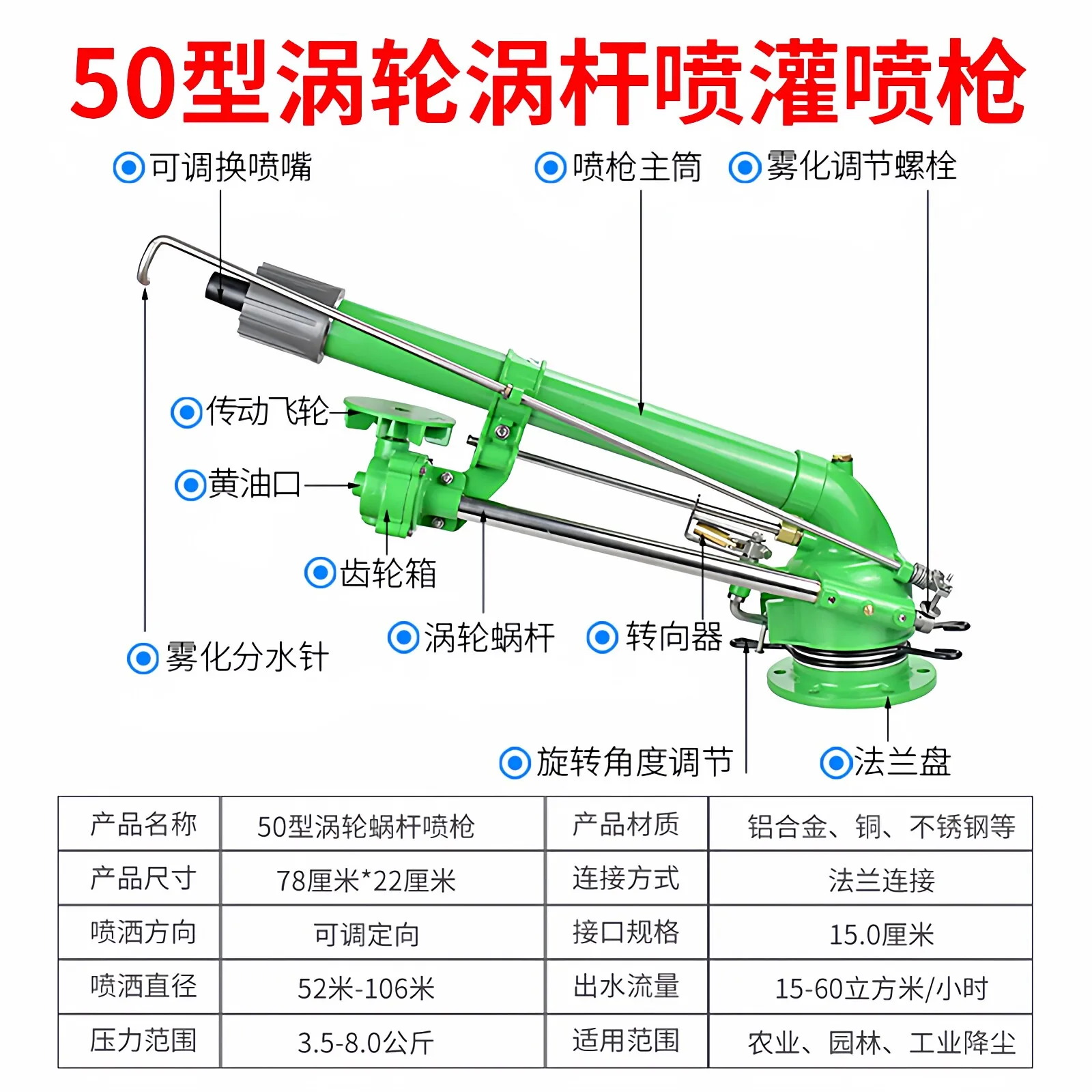 Farm Irrigation Rain Gun, Turbine Rocker Arm Sprinkler for Garden Lawn Drought Resistance Watering