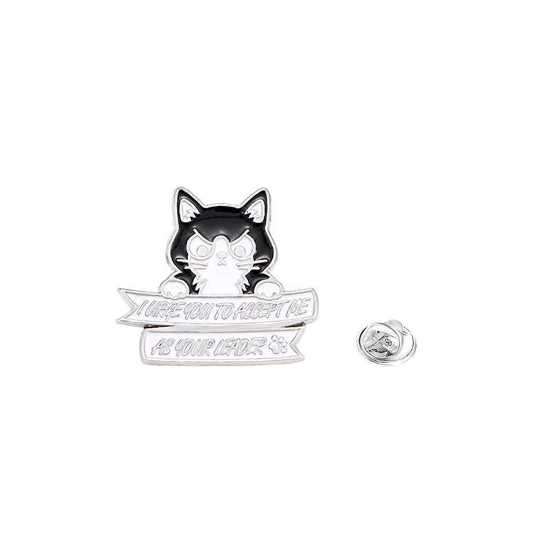 Original cross-border black and white cat English brooch cartoon creative fixed coat adjustment alloy drip oil clothing decorate