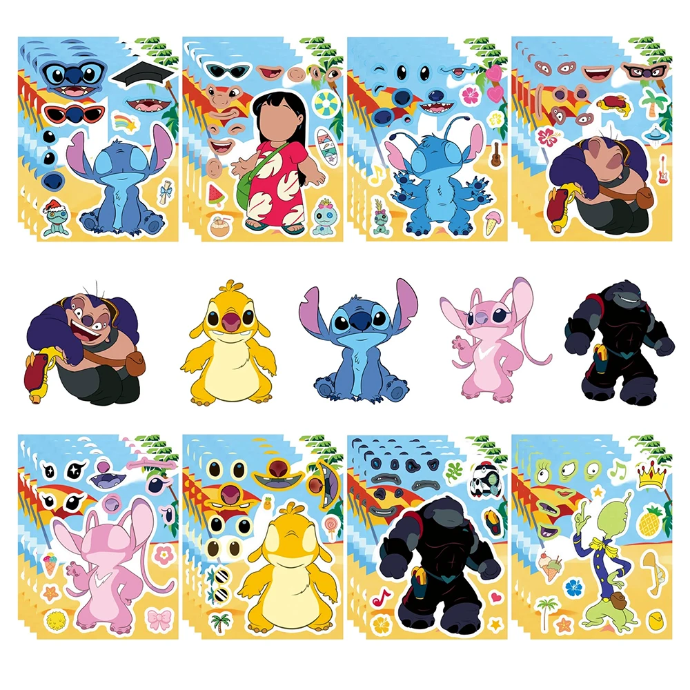 

8/16sheets Make a Face Disney Anime Stitch Puzzle Stickers Cute Cartoon Assemble Jigsaw DIY Decals Birthday Party Decoration Toy