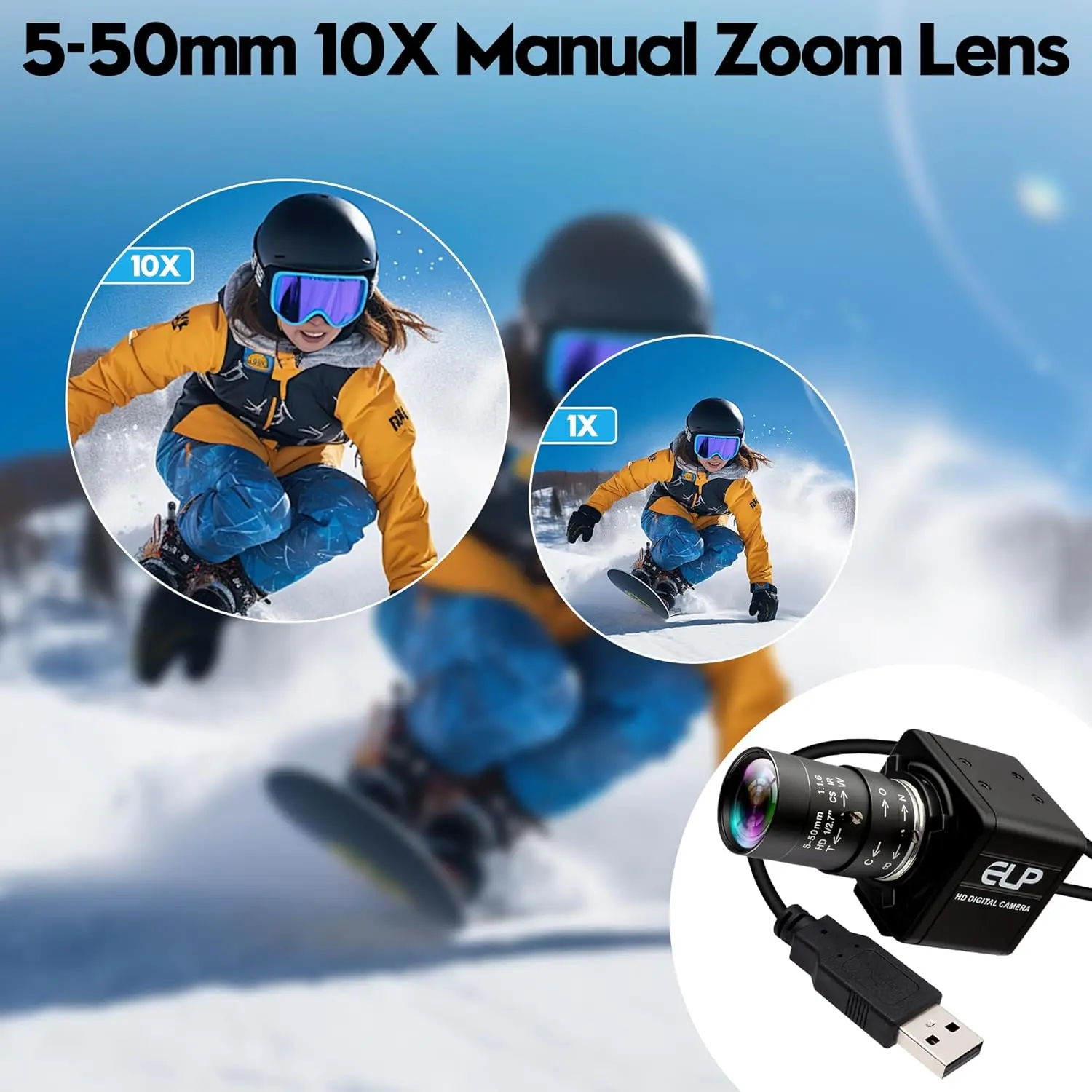 كاميرا USB ELP 16 ميجابكسل مع عدسة Varifocus اليدوية CS Mount 5-50 مم، كاميرا تكبير 10X، توصيل وتشغيل مجاني لـ Linux MAC