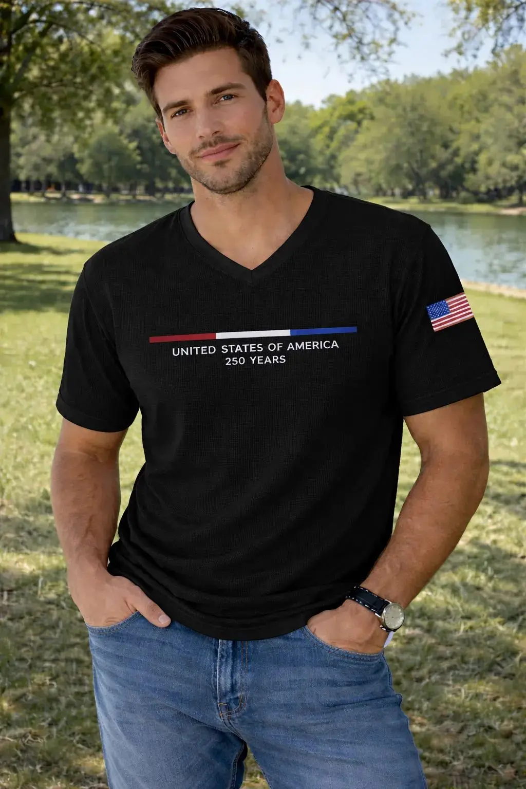 Retro Style Men's Short Sleeve 250th Anniversary Of America T-shirts USA Graphic V-neck Streetwear Tshirt 3d Prited T-shirts
