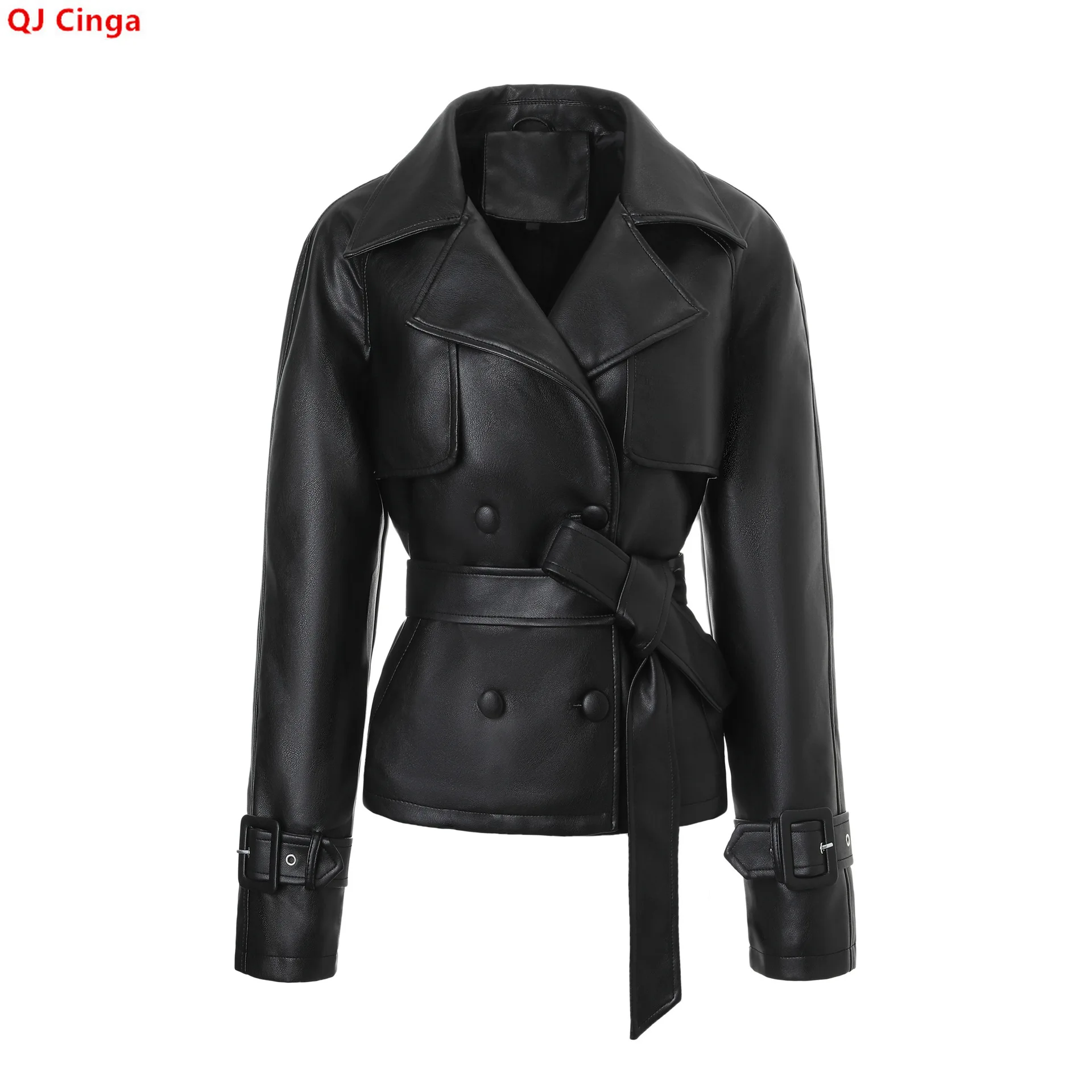 New Winter Women's Black Faux Leather Jacket, Double-breasted Lapel PU Coats, Waist-tie Motorcycle-style Top.