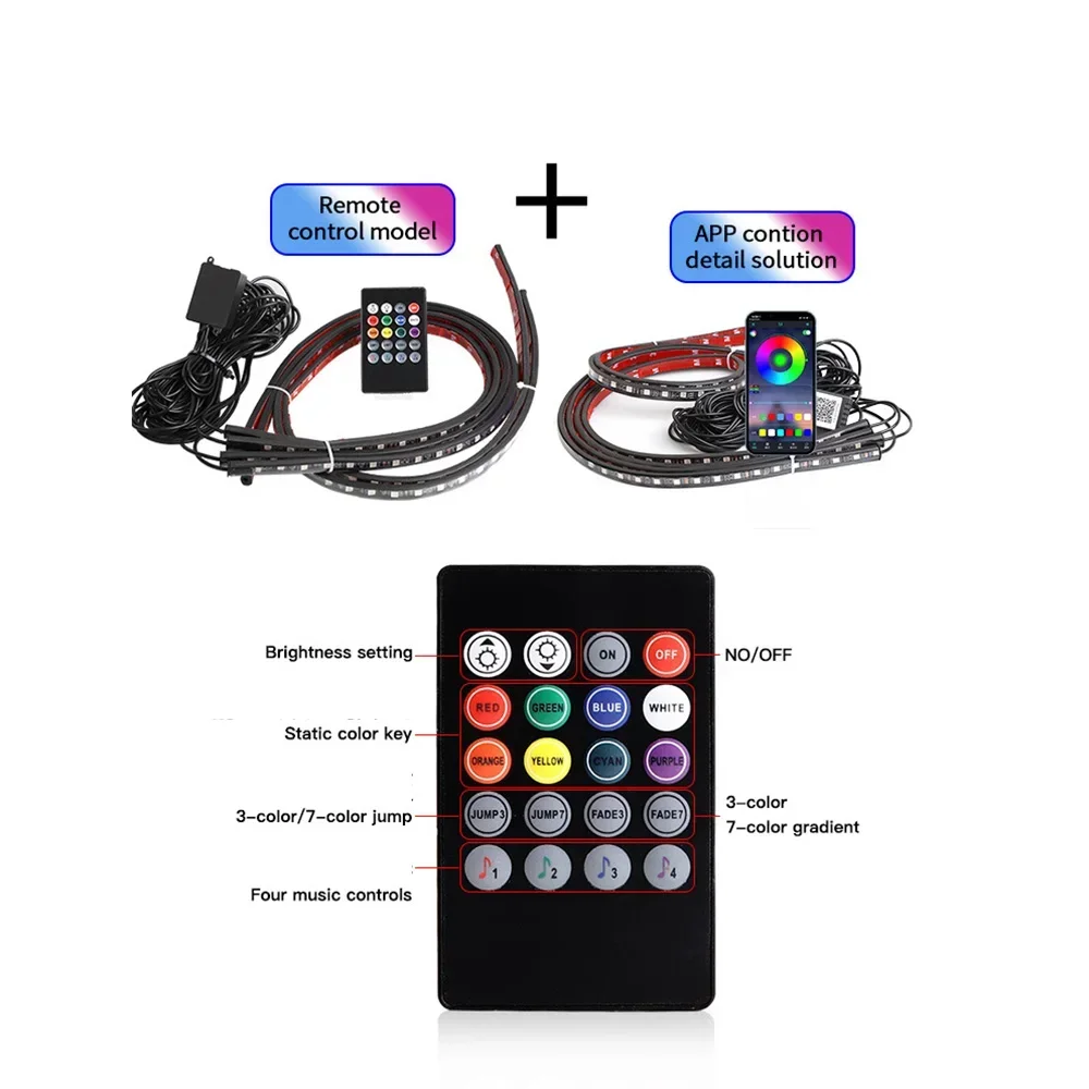 Voice-Activated Car Atmosphere Lights, Colorful LED Chassis Lights Modified, Bluetooth APP Decorative Light Strip Auto Accessory