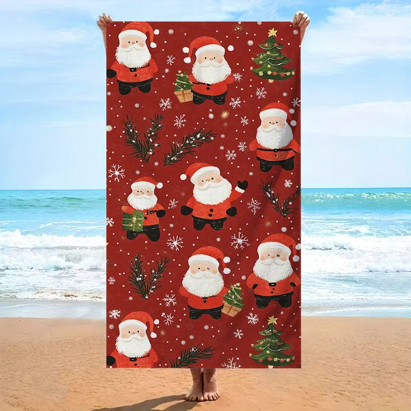 1pc Christmas Beach Towel, Santa Claus Pattern Soft Microfiber Bath Towels, Unisex Oversized Towel for Swimming Travel Camping,