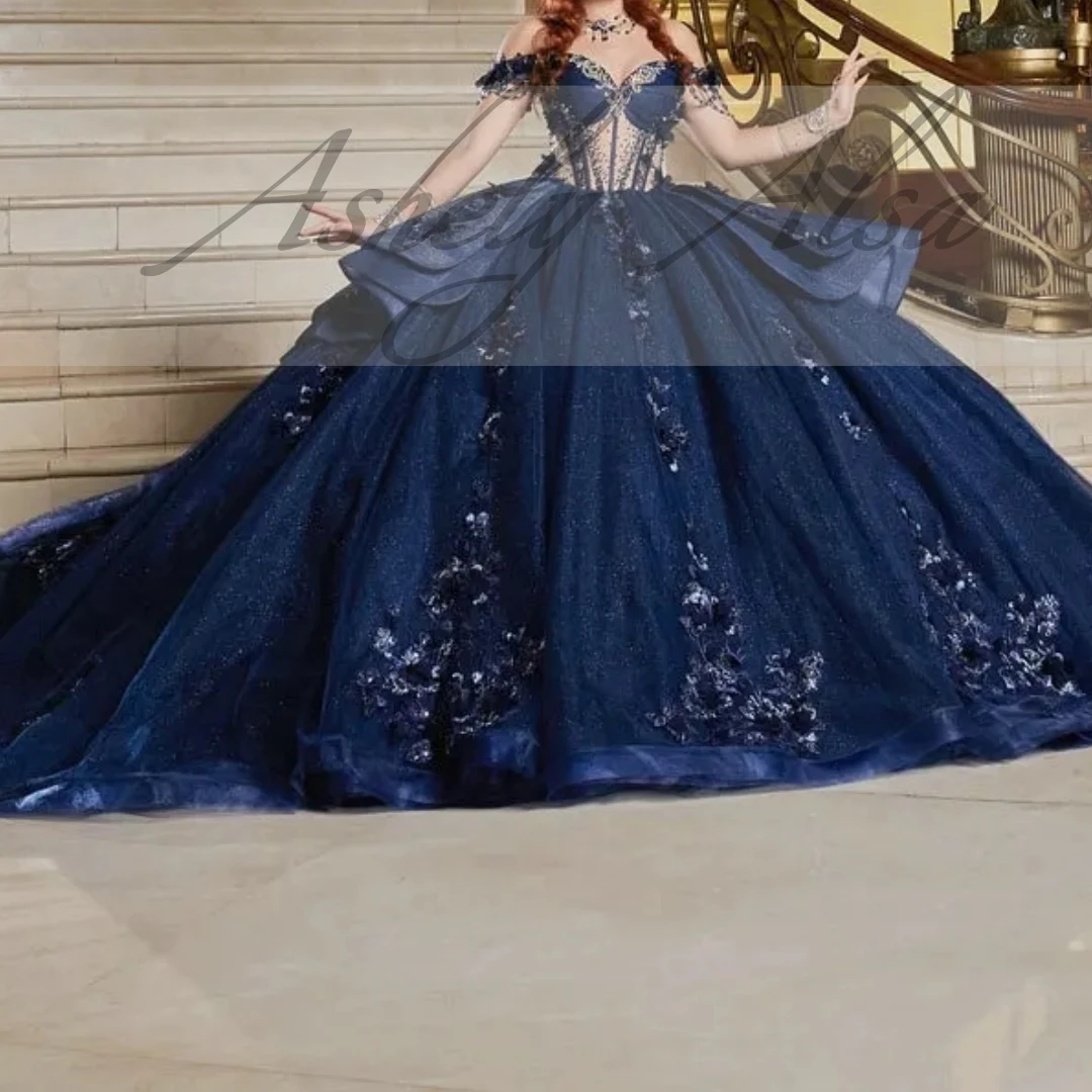 Customized Mexican Navy Blue Women Birthday Party Dress Prom Occasion Off Shoulder Illusion Flower Puffy Sweet 15 16 Quinceanera