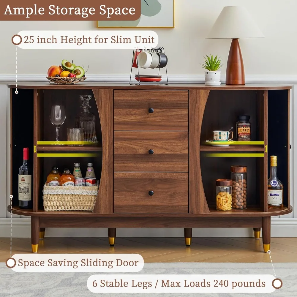 خزانة جانبية منحنية من خشب الجوز مقاس 55 بوصة مع أدراج وخزانة تخزين بباب الدف المنزلق