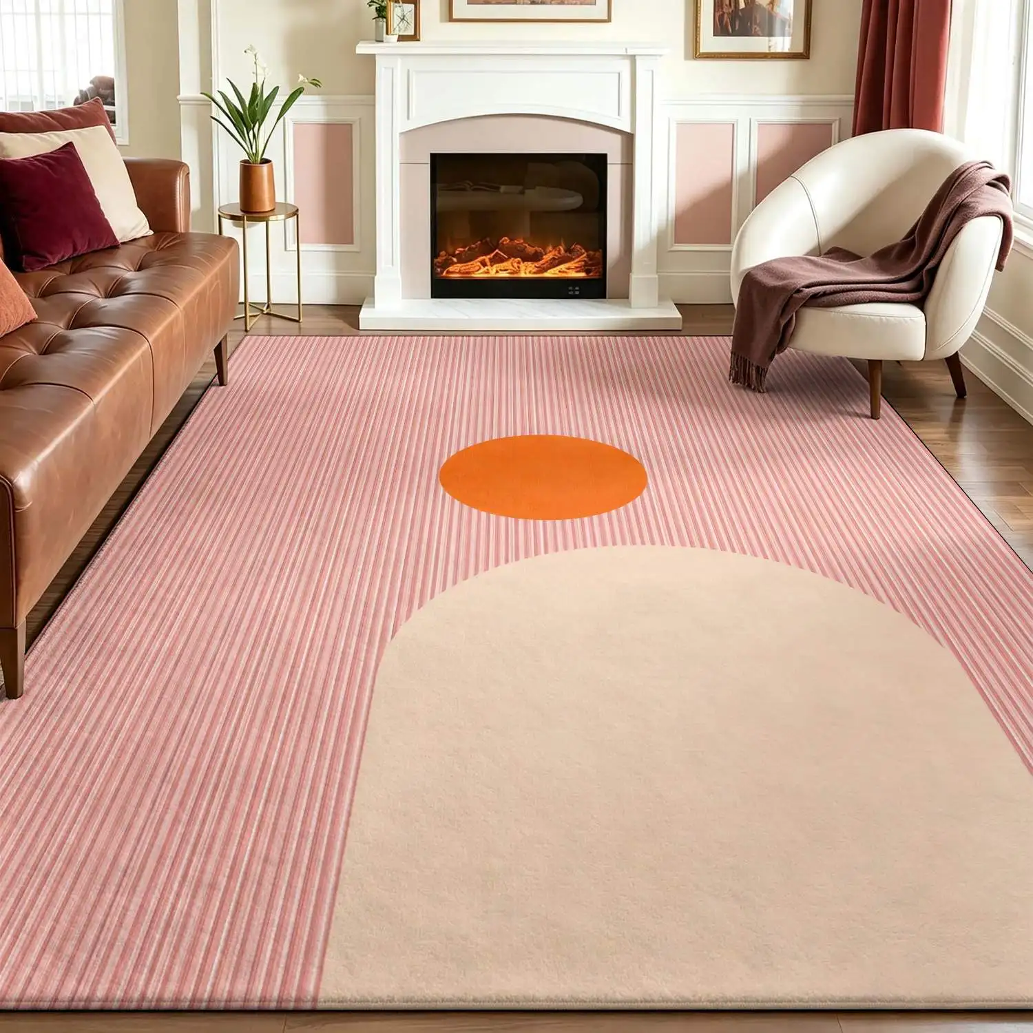 1Pc 2D Printed Nordic & Instagram-Style Pink Geometric Striped Sun Pattern Carpet, Machine Washable, Multi-Size Home Decor Mat for Entrance, Dining Room, Foyer, Bedroom & Living Room