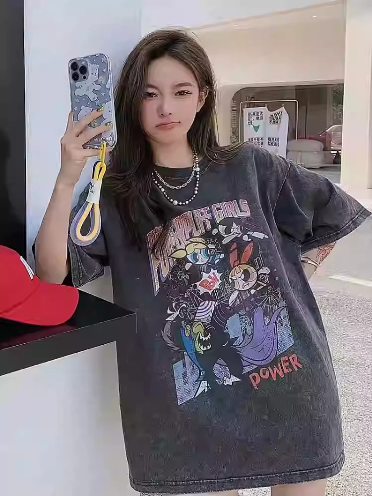 

Large Size Cartoon Distressed Washed Large Size Medium Long Short Sleeved T-shirt for Women Summer Trendy Retro Loose Couple Top
