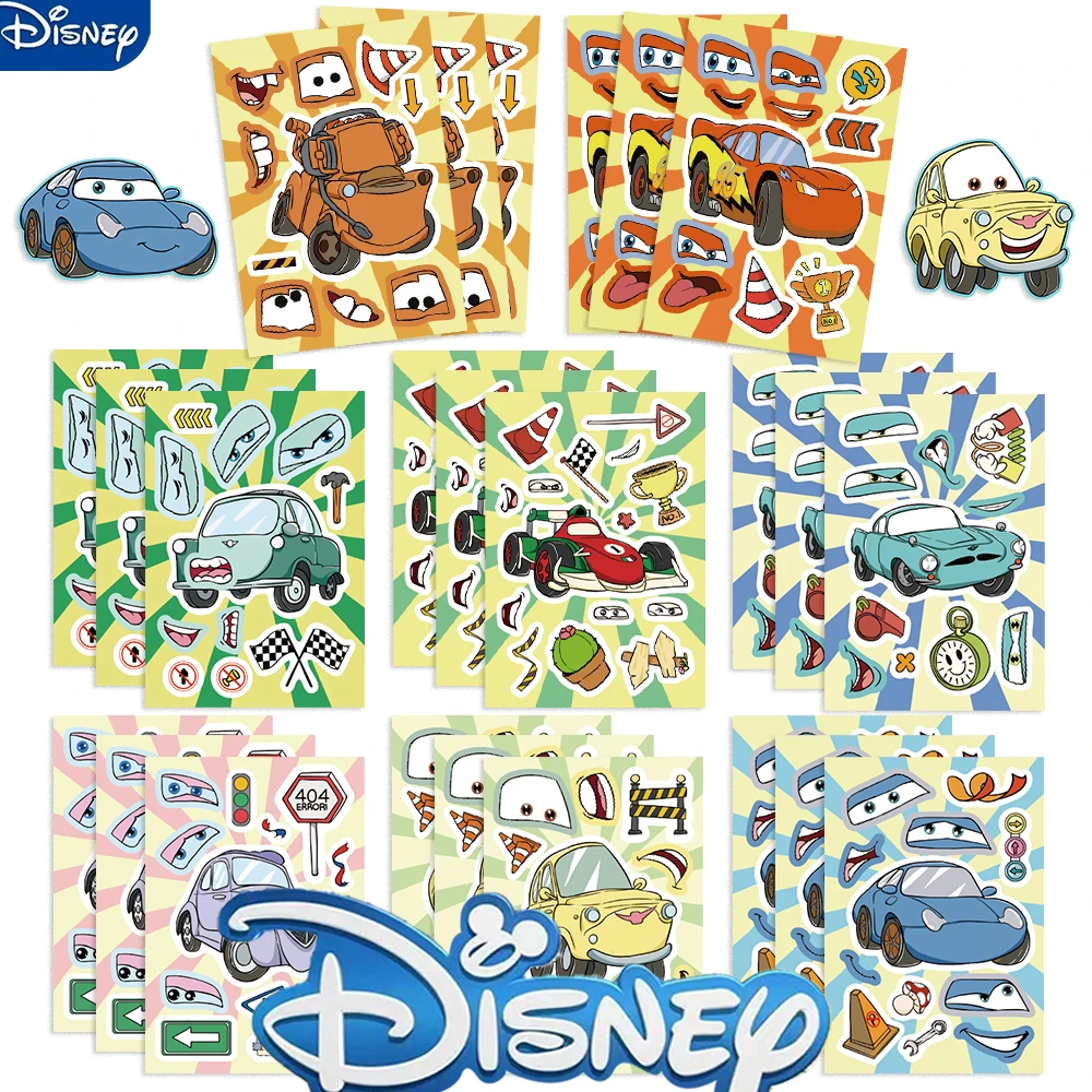 8/16/24pcs Disney Cars Make-a-Face Puzzle Sticker DIY Phone Laptop Luggage Skateboard Graffiti Decals Fun for Kid Gift﻿