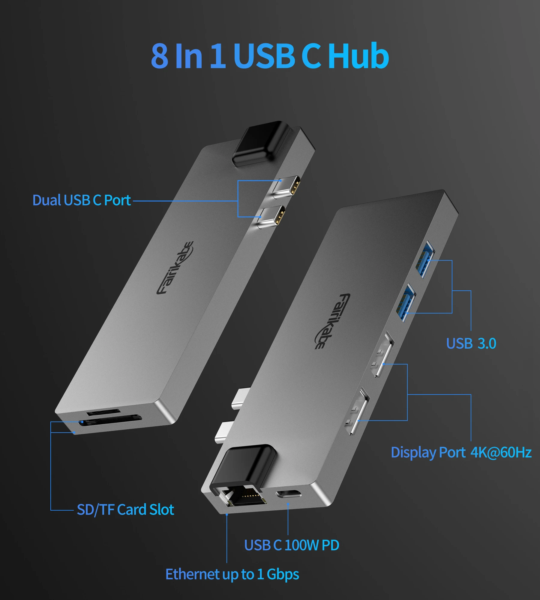 Imagem -02 - Fairikabe-hub Usb c para Dual Displayport Docking Station Multiportas 4k 60hz Usb c para 2dp Mais Rj45 Usb3.0 sd tf Card 100w pd 8in 1