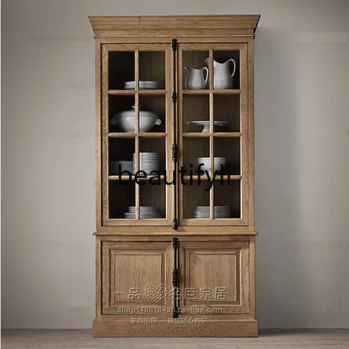 

Nordic solid wood old dining side locker American antique living room high and low corner cabinet wine cabinet