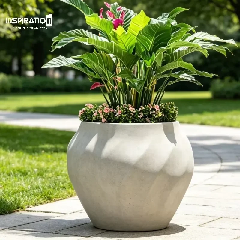 Custom Oversized GRC Flower Pot with Polished Concrete Surface Effect for Hotel Lobby and Entrance High-end UHPC Flower Box