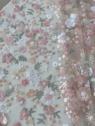 Chinese style flower three-dimensional multi-layer sequin embroidery mesh lace fabric cheongsam dress fabric pink