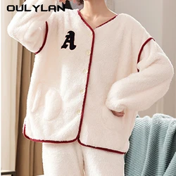 Winter Thick Pajama Sets Women Single Breasted Coral Fleece Sleepwear Warm Fashion Letter Simple Warm Casual Cute Pyjama Set