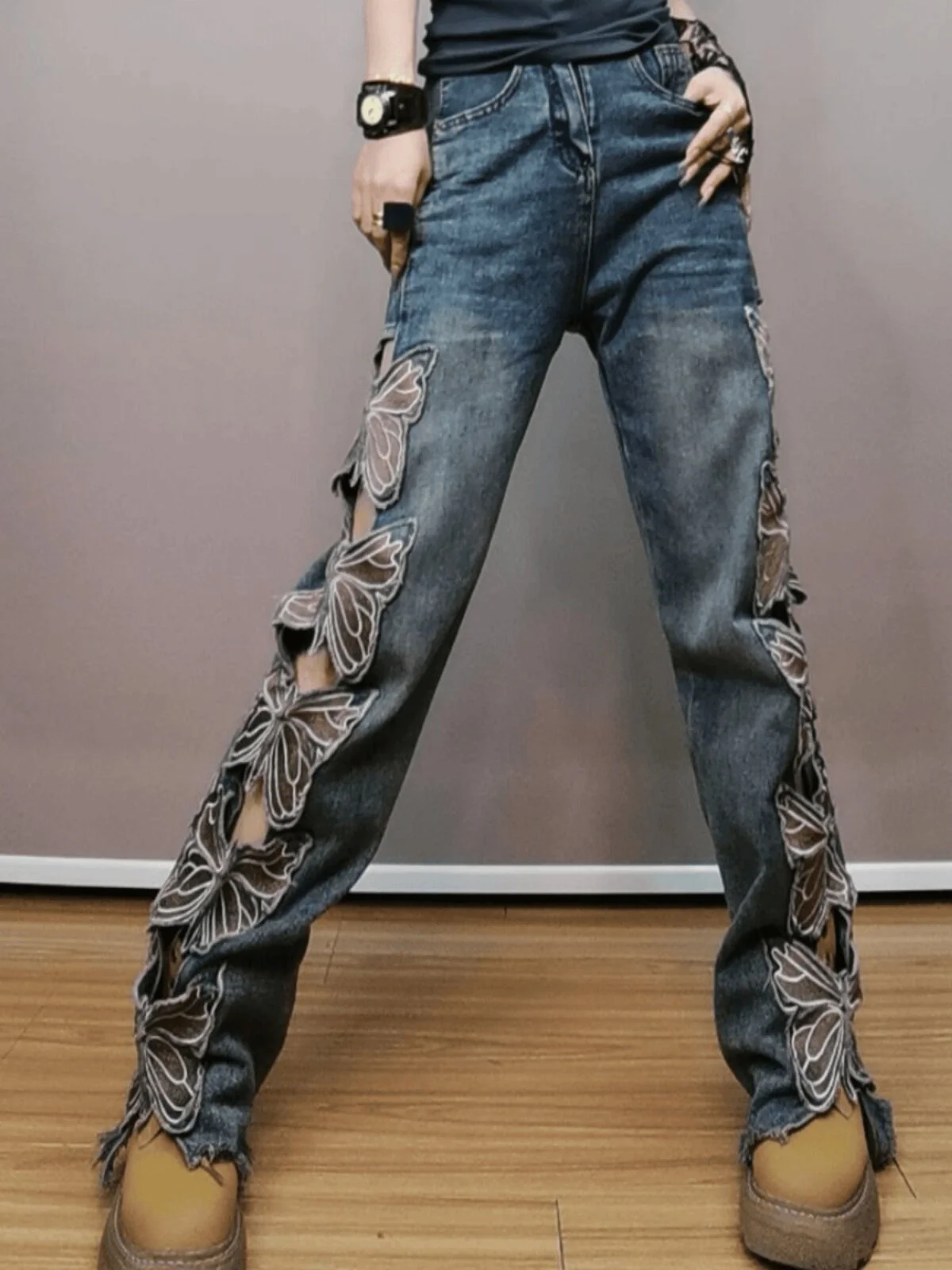 Women Butterfly Hollow Out Jeans Retro Trend High Waist Embroidery Ripped Loose Wide Leg Floor Length Pants Casual Trousers
